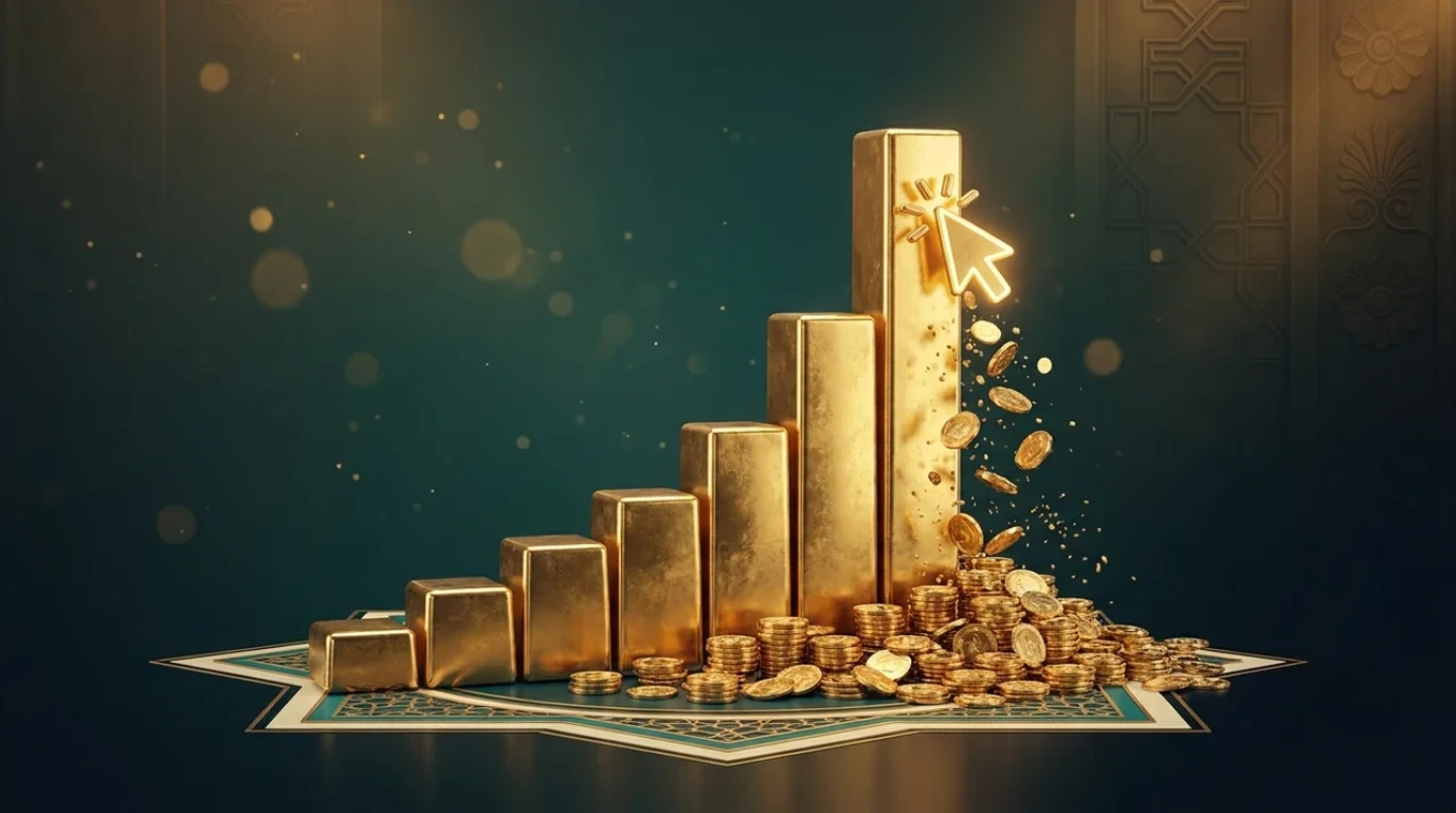 Gold ascending bar chart with a cursor and coins over a dark teal engraved Persian surface — PPC management