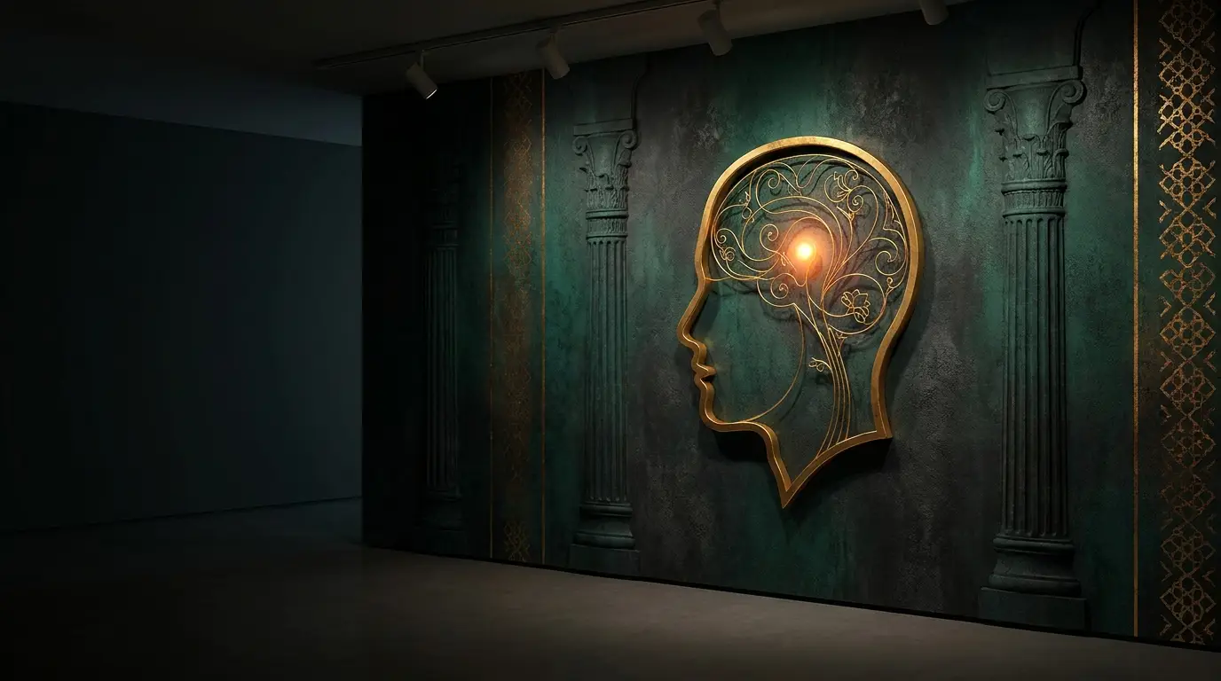 Golden head profile with a glowing idea spark in a Persian gallery — the psychology of memorable branding