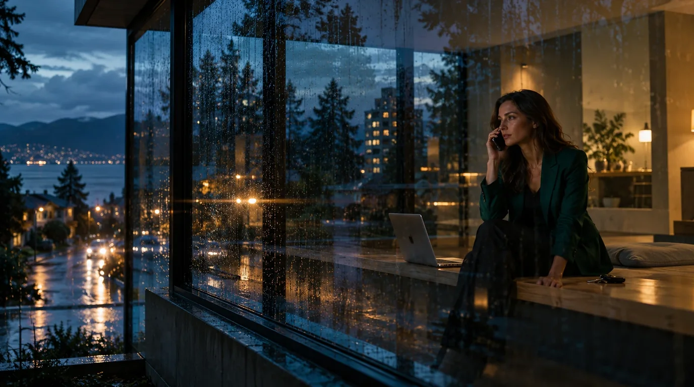 A realtor on the phone at a rainy window overlooking a Vancouver neighbourhood at dusk, following up a new lead