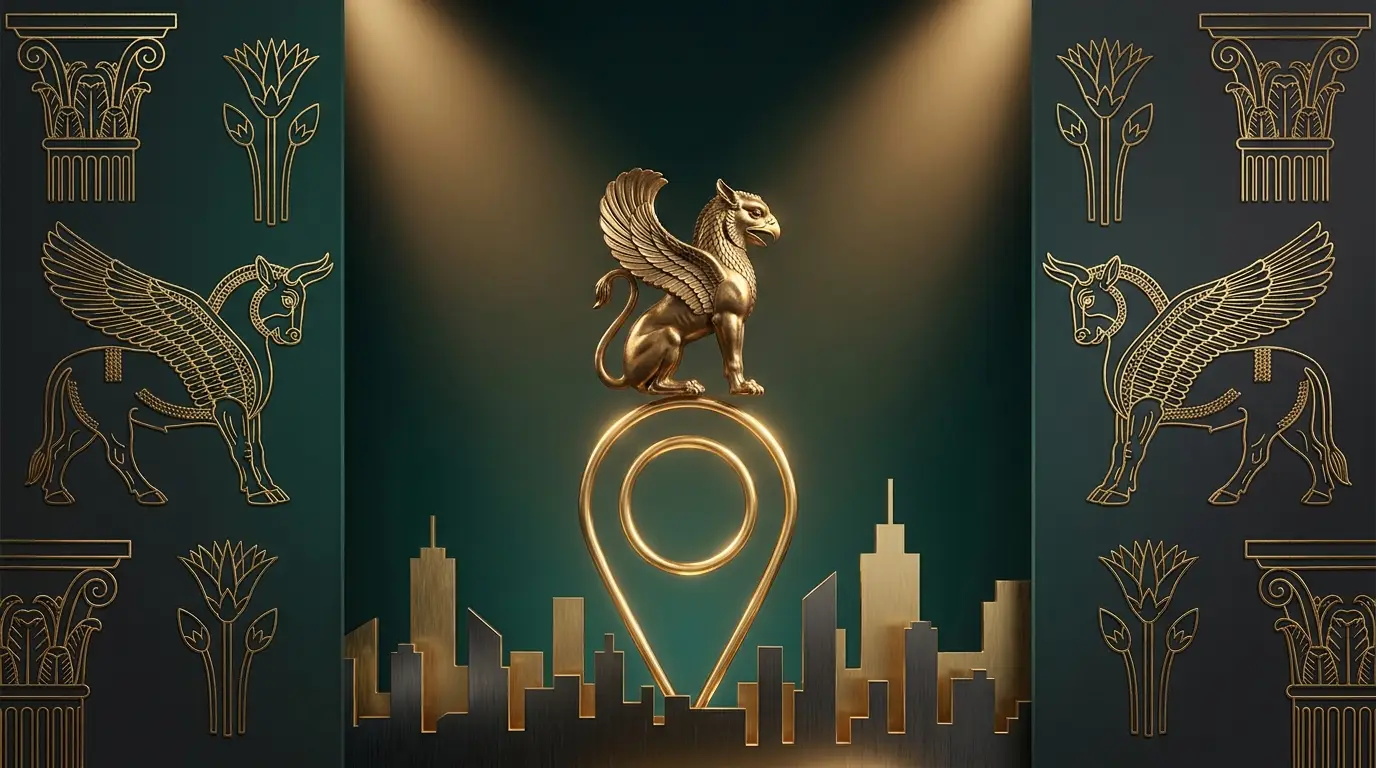 Golden Persian griffin on a map pin above a city skyline — real estate SEO and local search authority