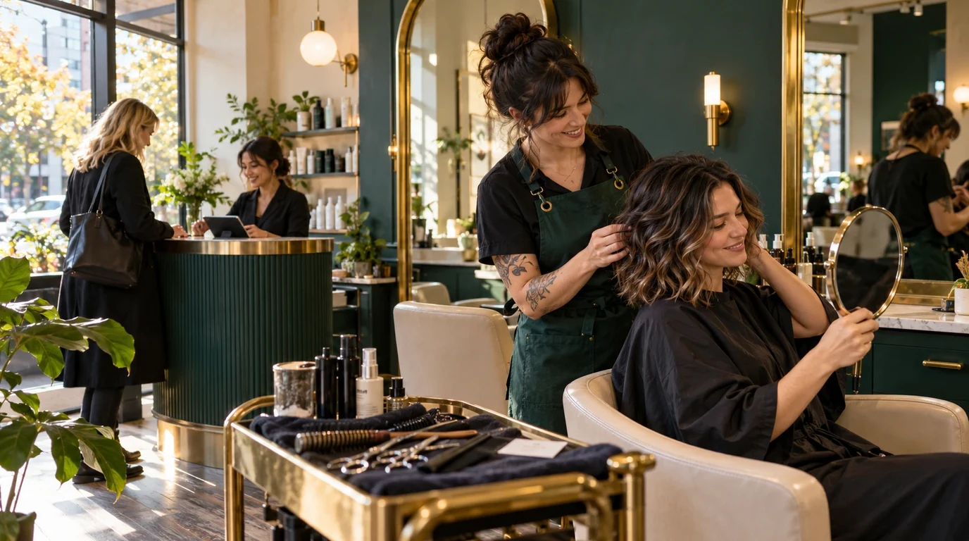 A stylist smiling as a client admires her new curls in a hand mirror in a green and brass salon, while another client checks out at the front desk