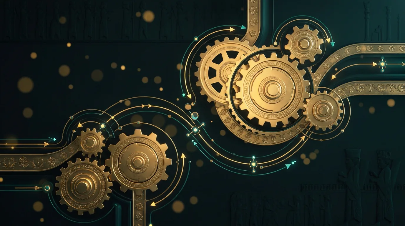 Gold code brackets and data nodes glowing over a dark teal engraved Persian surface — schema markup structured data