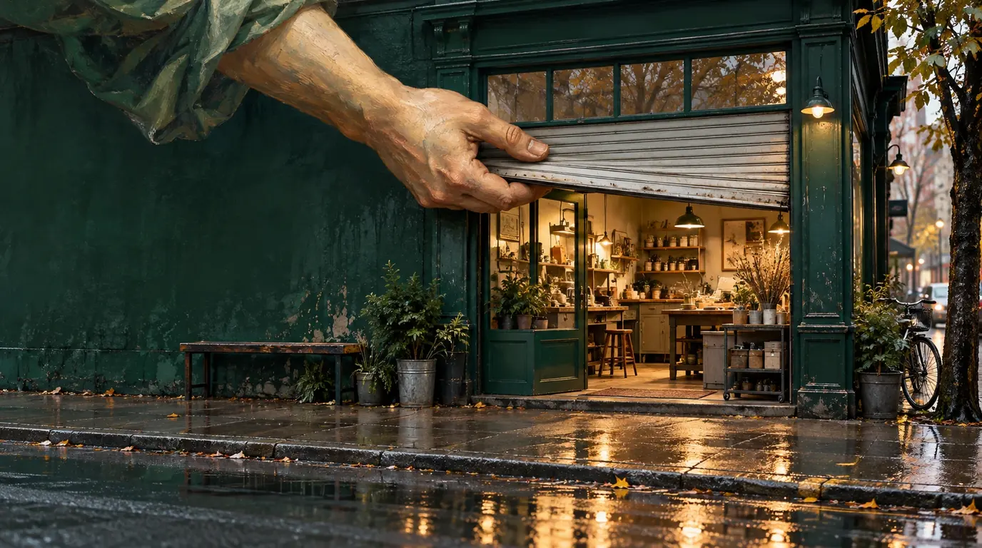 A painted giant hand lifting the shutter of a small corner shop on a rainy autumn street, revealing a warm, busy workshop inside