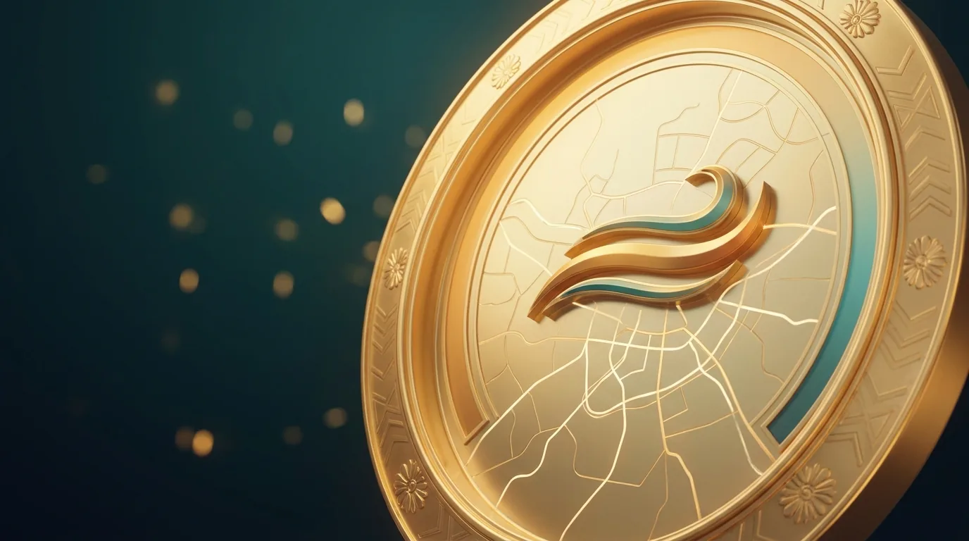 Gold upward arrow growing from an engraved Persian relief base on dark teal — small business SEO growth