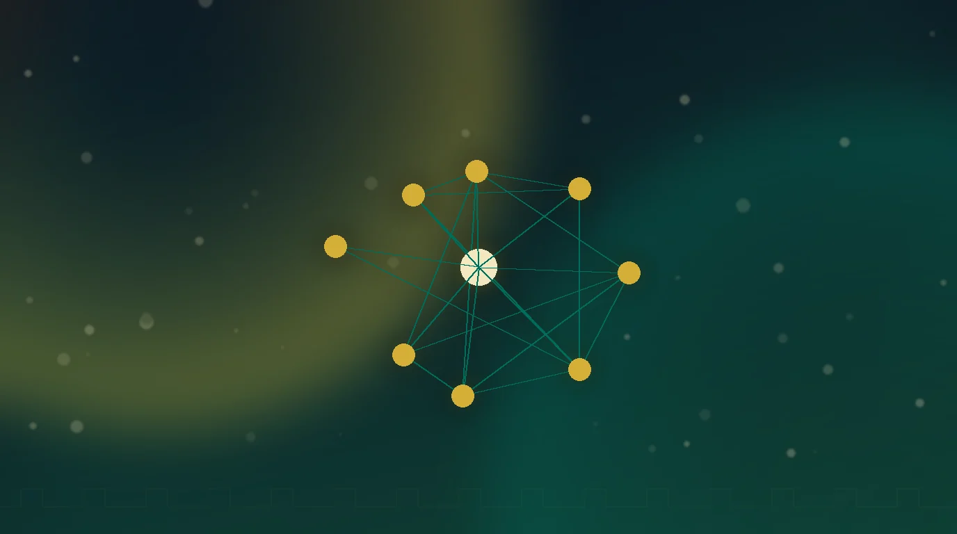 Gold interconnected social nodes and content tiles over a dark teal engraved Persian surface — social media marketing strategy