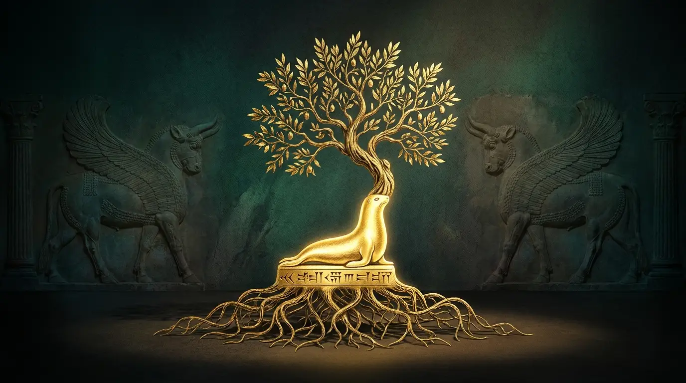 Golden tree with deep roots between Achaemenid winged-bull reliefs — strategic branding for long-term business growth