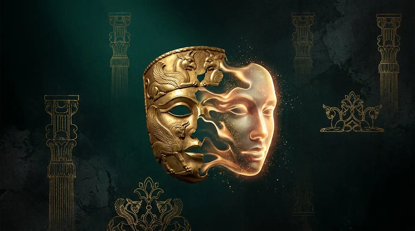 Golden ceremonial mask transforming into a new face — strategic rebranding and customer perception