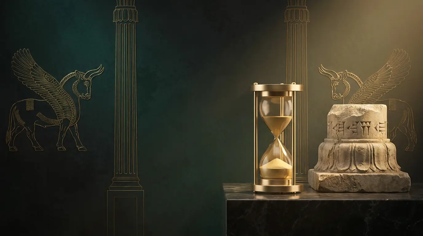 Golden hourglass beside an enduring Persepolis column — building a timeless brand identity