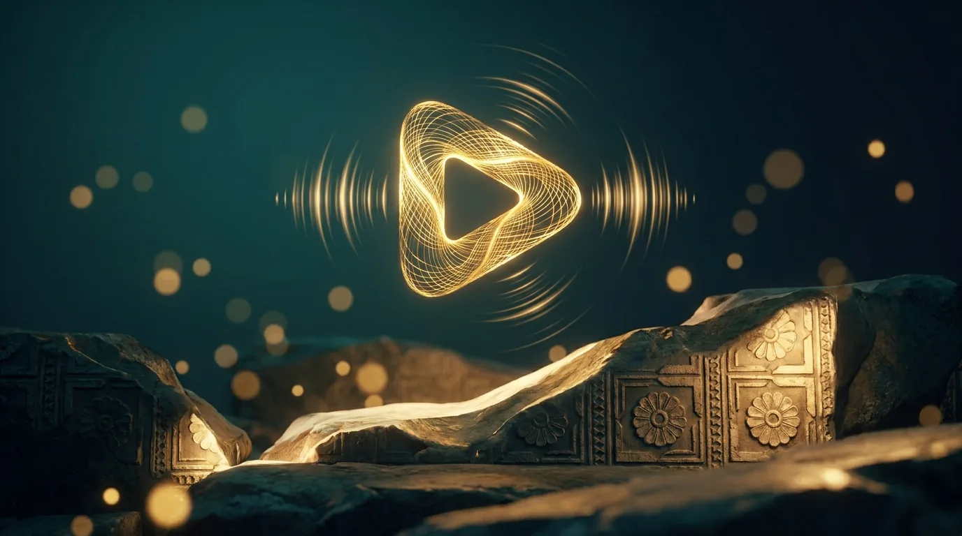 Gold play button and motion lines over a dark teal engraved Persian surface — video marketing for businesses