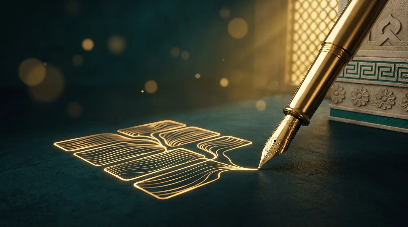 Gold funnel narrowing from awareness to customers over a dark teal engraved Persian surface — marketing funnel explained
