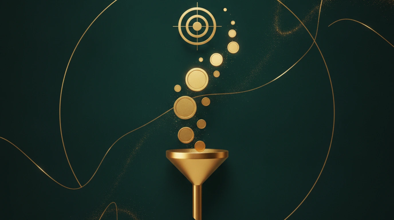 A single gold funnel pouring coins into a target on a teal Persepolis relief, symbolizing a business sales funnel converting prospects into customers.