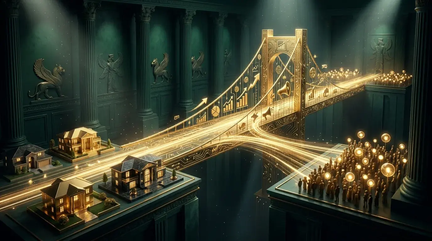 A golden Achaemenid griffin over a dark teal Vancouver skyline with gold data lines, symbolizing real estate advertising for realtors in a slow market