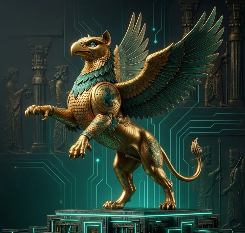 The Angarum Media griffin — our own house mark in gold and teal