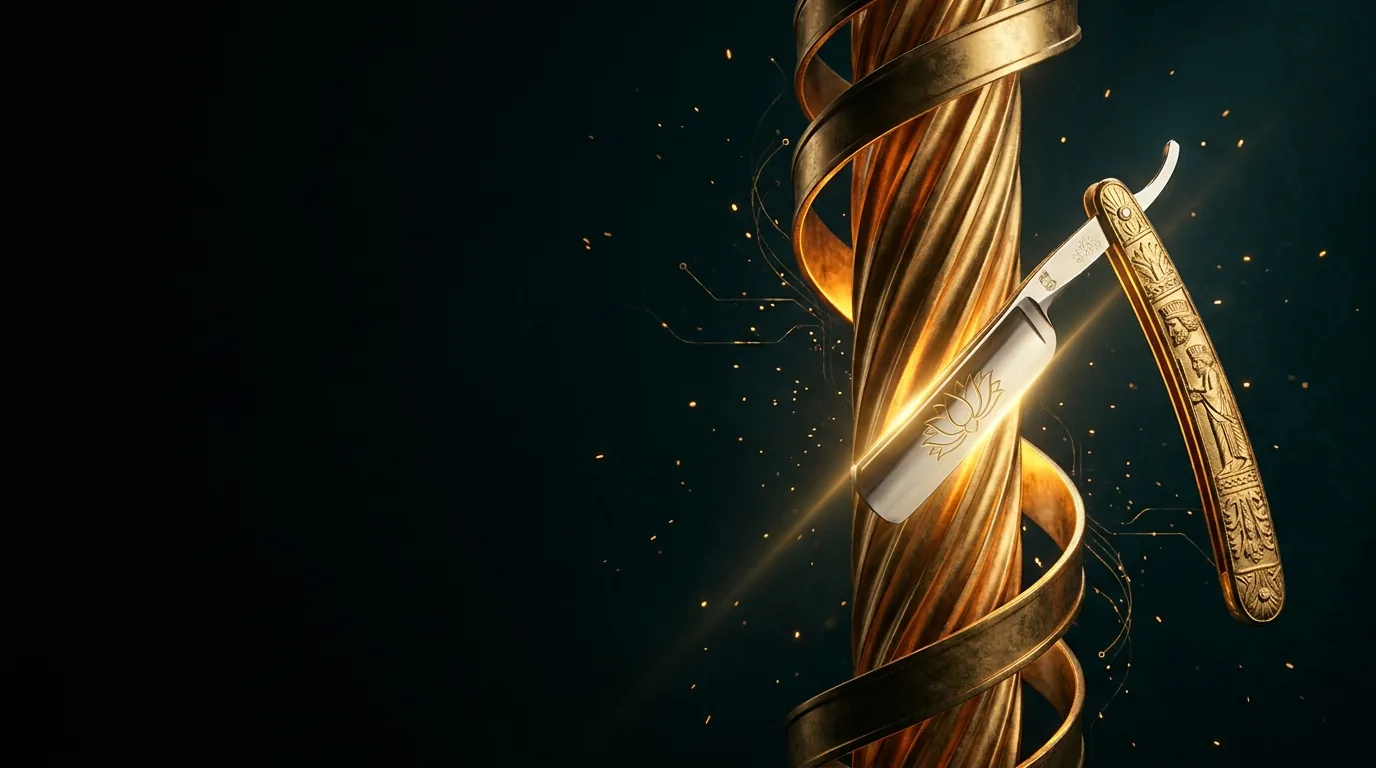 A golden Achaemenid straight razor and Persian column — barber shop marketing by Angarum Media