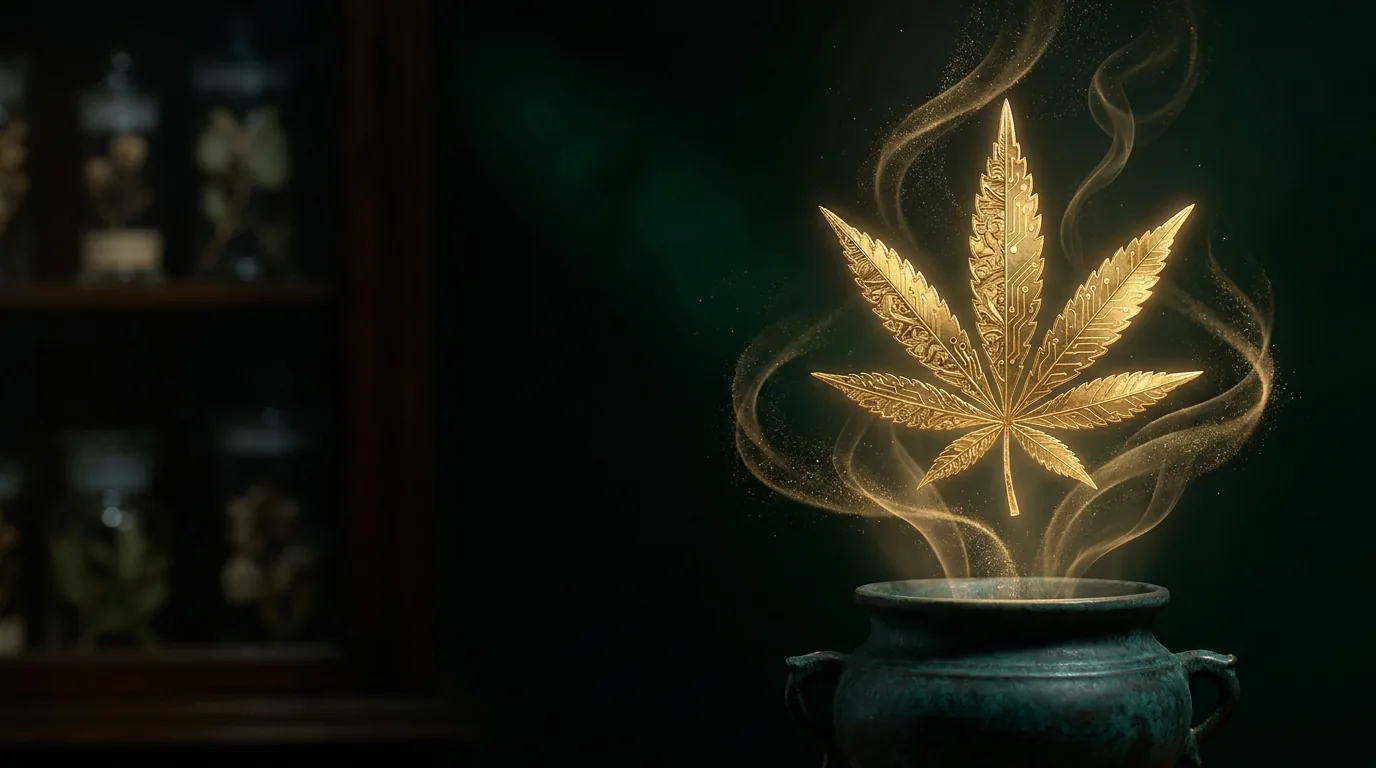 A golden Achaemenid-etched cannabis leaf — cannabis marketing by Angarum Media