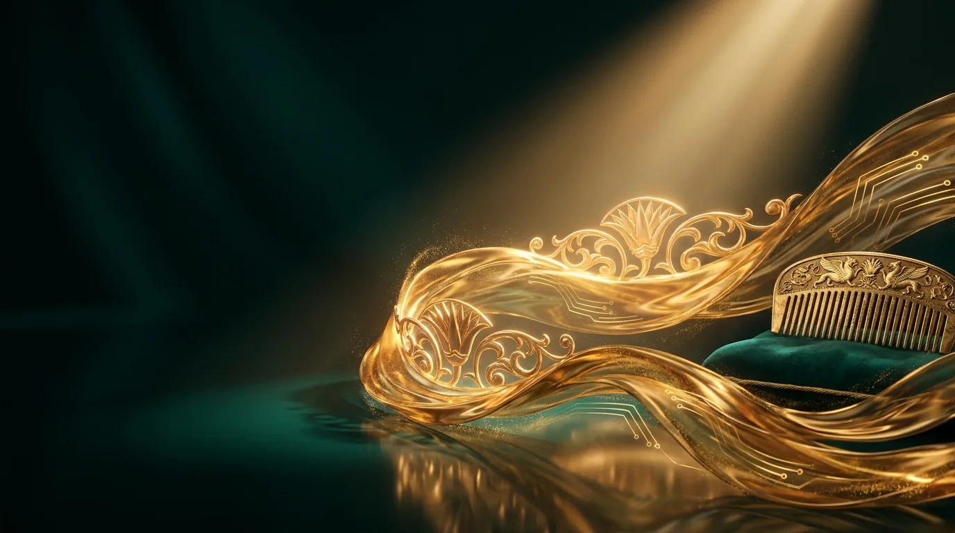 Liquid-gold ribbons forming Achaemenid filigree — hair salon marketing by Angarum Media