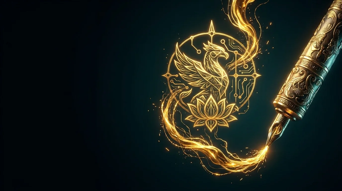 Molten-gold ink forming a griffin pattern from a golden stylus — tattoo studio marketing by Angarum Media