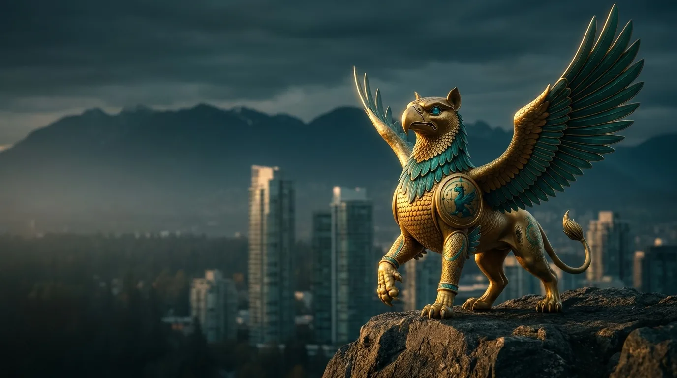 Burnaby skyline with the Angarum Media golden griffin statue — local SEO in Burnaby