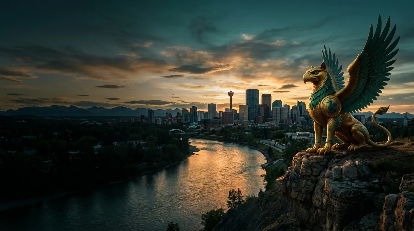 Calgary skyline with the Angarum Media golden griffin statue — digital marketing in Calgary