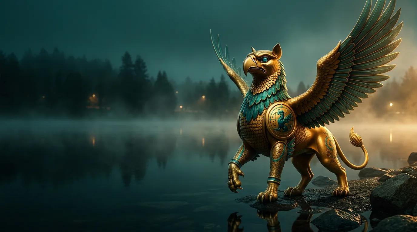Langley skyline with the Angarum Media golden griffin statue — local SEO in Langley
