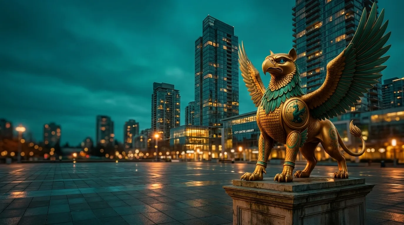 Surrey skyline with the Angarum Media golden griffin statue — local SEO in Surrey