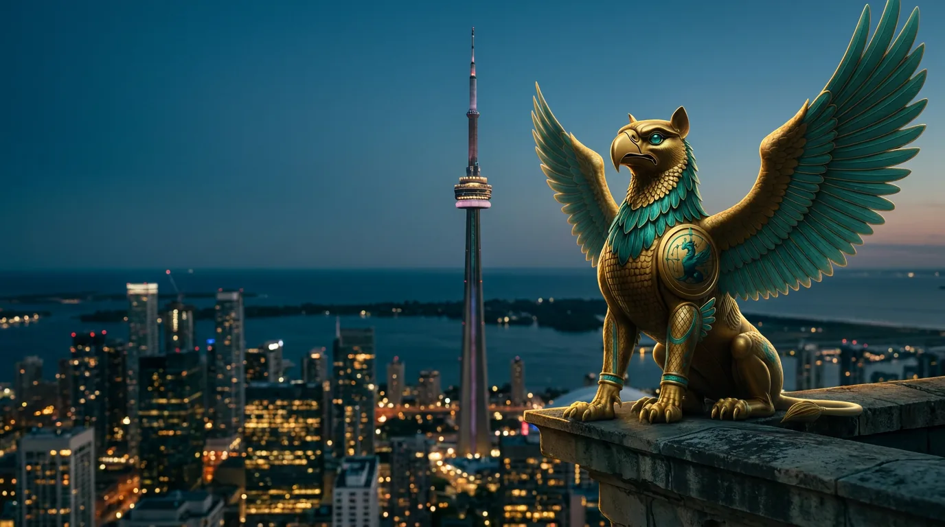 Toronto skyline with the Angarum Media golden griffin statue — digital marketing in Toronto