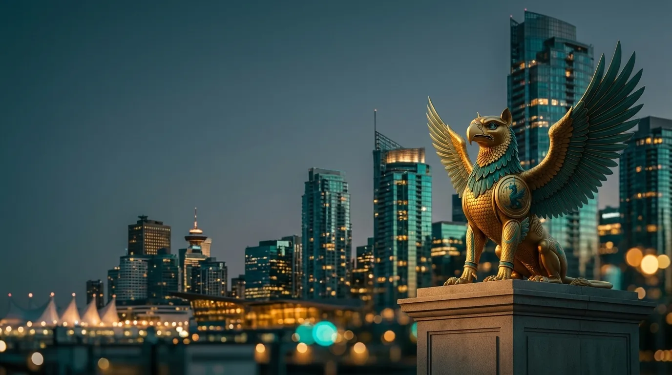 Vancouver skyline with the Angarum Media golden griffin statue — local SEO in Vancouver