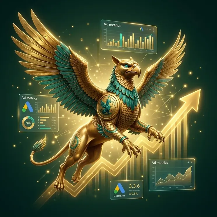 Google Ads performance advertising — Angarum Media griffin soaring along a rising results chart