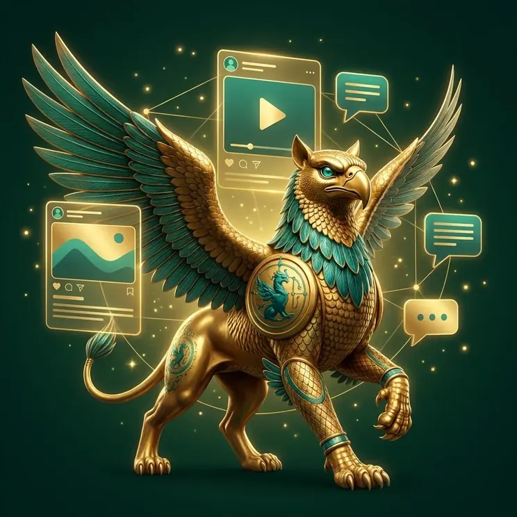 Social media marketing and content systems — Angarum Media griffin among glowing content frames