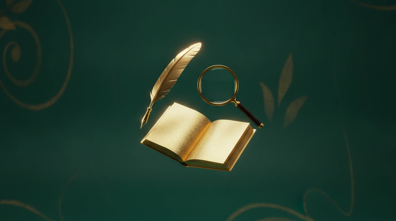A a gold quill pen, a gold open book and a gold magnifying glass arranged as an editorial still-life on a deep emerald background, representing The 2026 Content Marketing & SEO Report