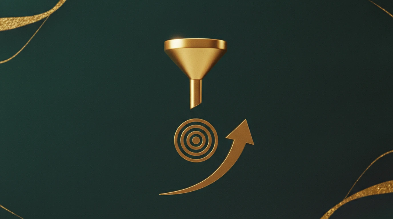 A a gold funnel, a gold target and a gold upward trend arrow arranged as an editorial still-life on a deep emerald background, representing The 2026 Conversion Rate Optimization Report