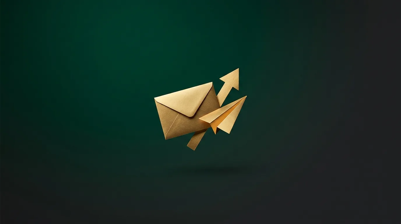A a gold envelope, a gold paper plane and a gold upward trend arrow arranged as an editorial still-life on a deep emerald background, representing The 2026 Email Marketing Benchmark Report