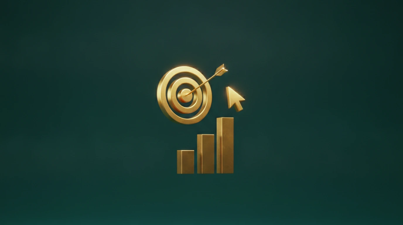 A a gold target with an arrow in the bullseye, a gold cursor and a gold bar chart arranged as an editorial still-life on a deep emerald background, representing The 2026 Google Ads Performance Report
