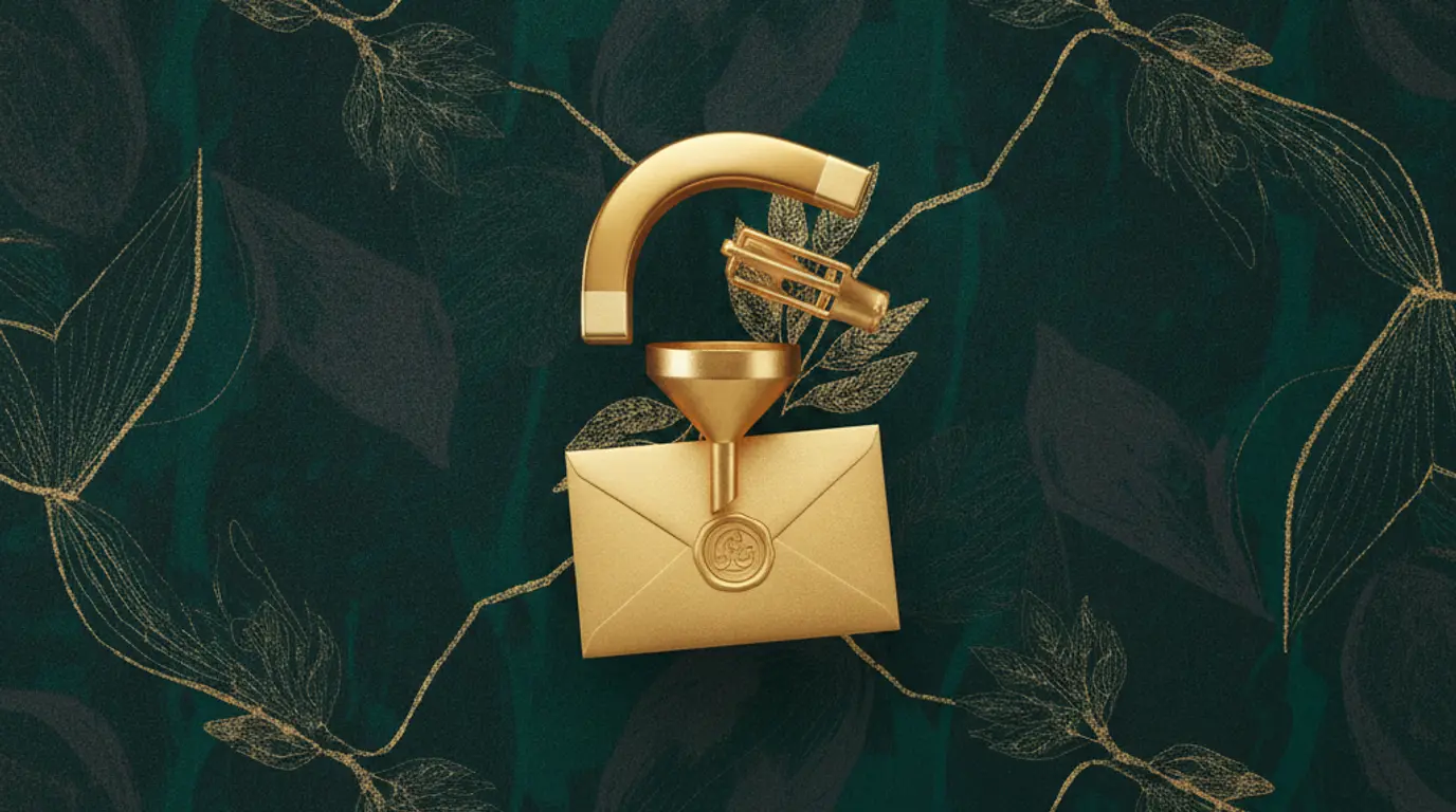 A a gold horseshoe magnet, a gold funnel and a gold envelope arranged as an editorial still-life on a deep emerald background, representing The 2026 Lead Generation Report
