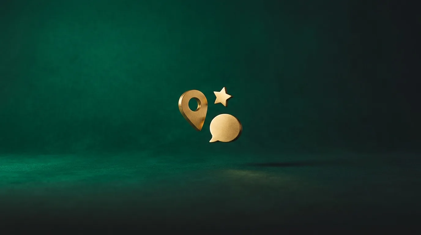 A gold map location pin, five-pointed star and speech-bubble icon arranged as an editorial still-life on a deep emerald background, representing local search and AI discovery