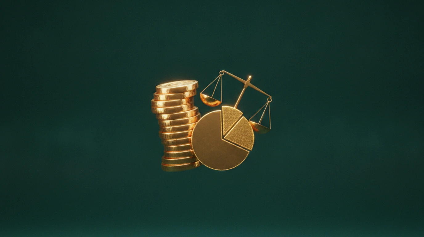 A a gold coin stack, a gold pie chart and a gold balance scale arranged as an editorial still-life on a deep emerald background, representing The 2026 Marketing Budget & ROI Report