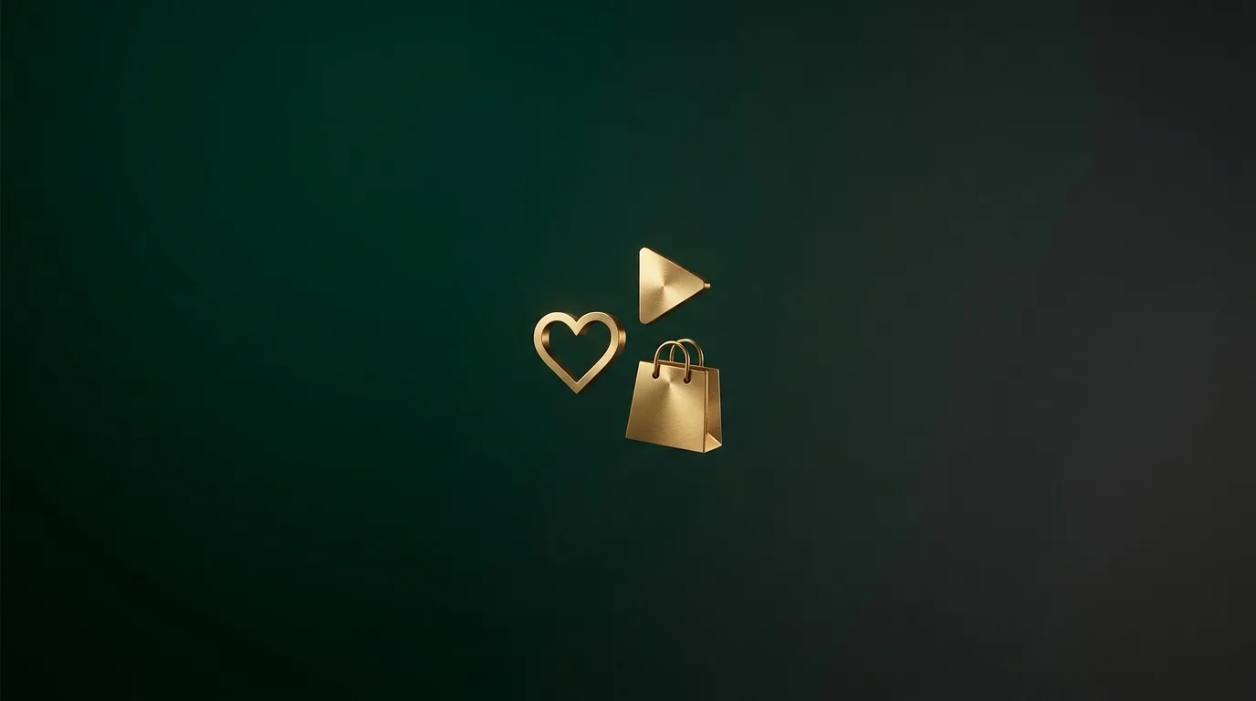A gold heart icon, play-button triangle and shopping bag arranged as an editorial still-life on a deep emerald background, representing social media engagement, video and social commerce