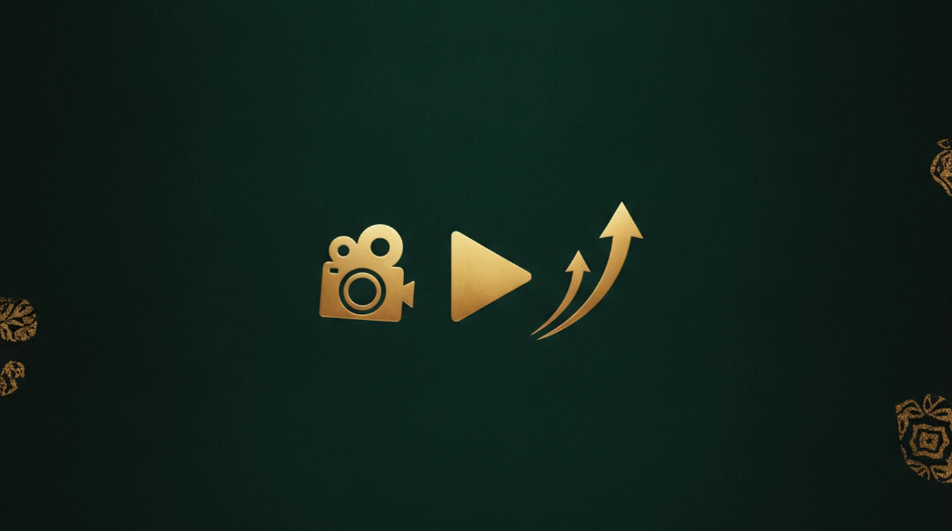 A a gold play-button triangle, a gold film camera and a gold upward trend arrow arranged as an editorial still-life on a deep emerald background, representing The 2026 Video Marketing Report