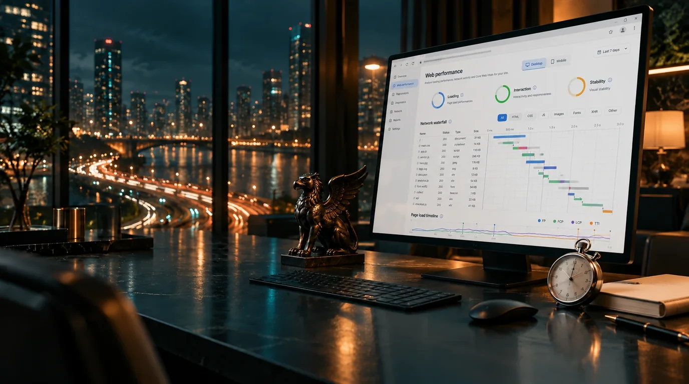 A a gold speed gauge, a gold lightning bolt and a gold browser window arranged as an editorial still-life on a deep emerald background, representing The 2026 Website & Core Web Vitals Report