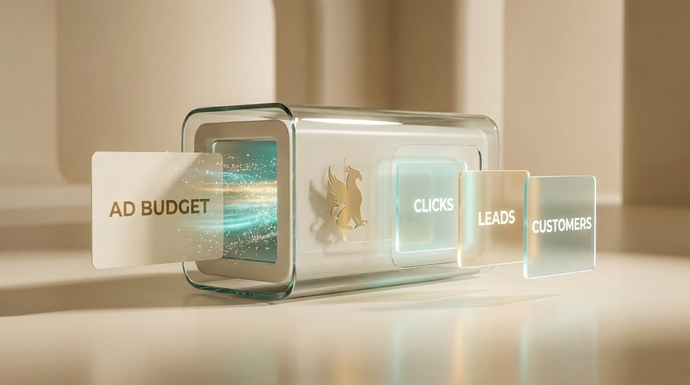Ad budget flowing through the Angarum Media griffin and turning into clicks, leads and customers — the model behind the ad budget calculator.